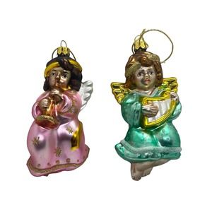 Set of 2 Vintage BK Blown Glass Angel Christmas Ornaments Glitter decor gift